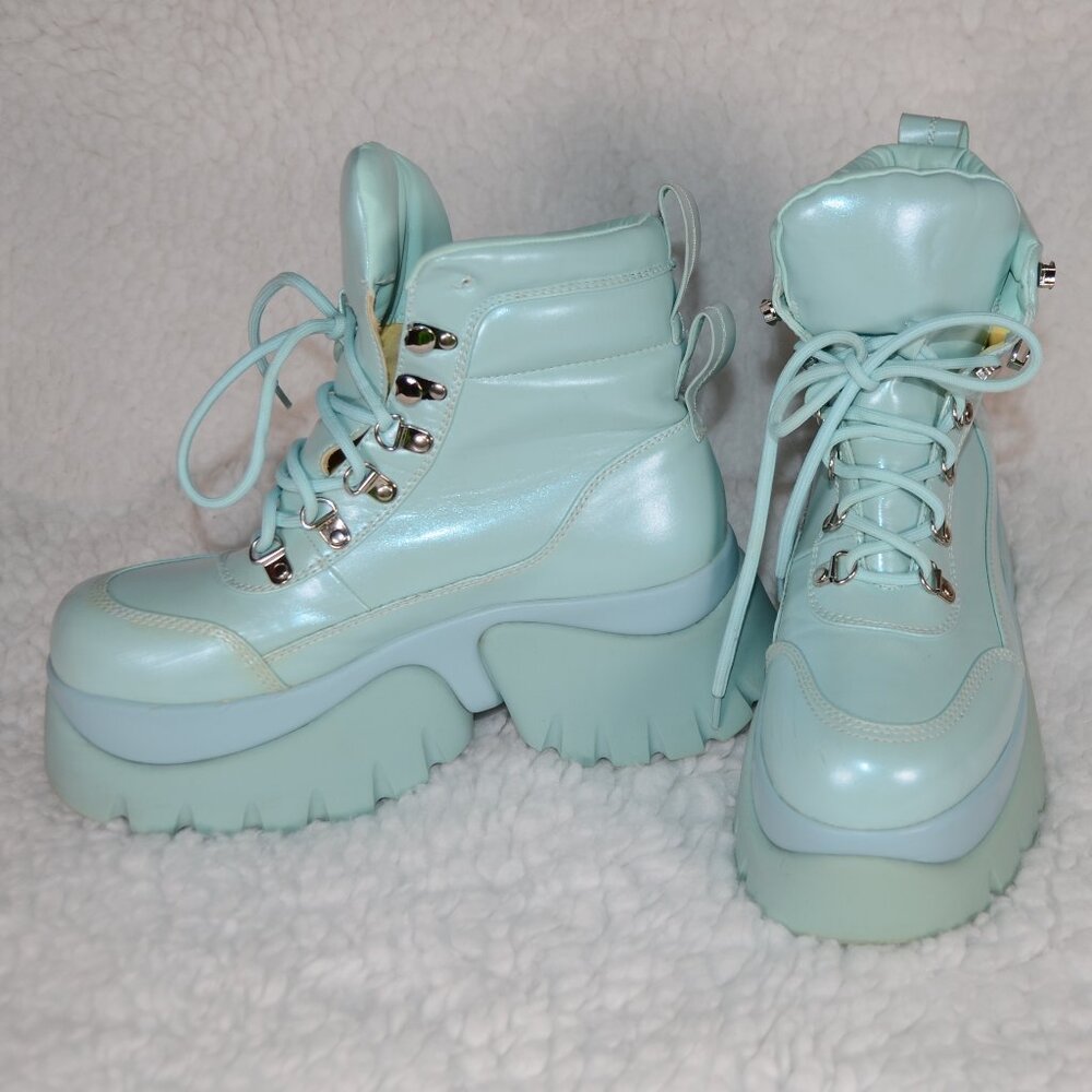 Koi Boots, women's iridescent blue platform boots size 7